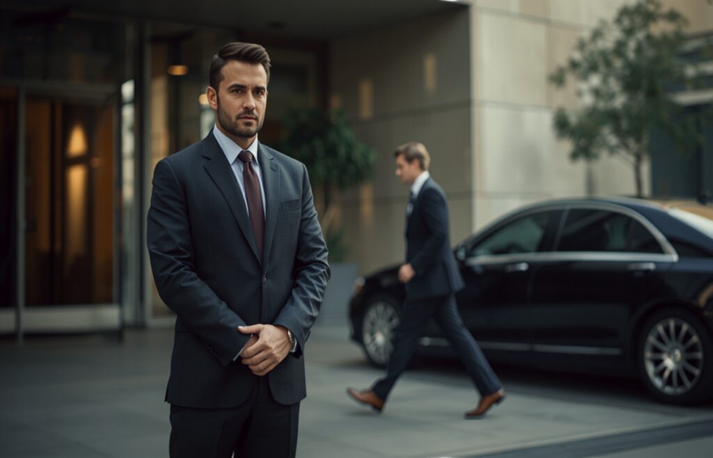 Executive protection agent standing post at a venue entrance as a principal moves to a waiting vehicle